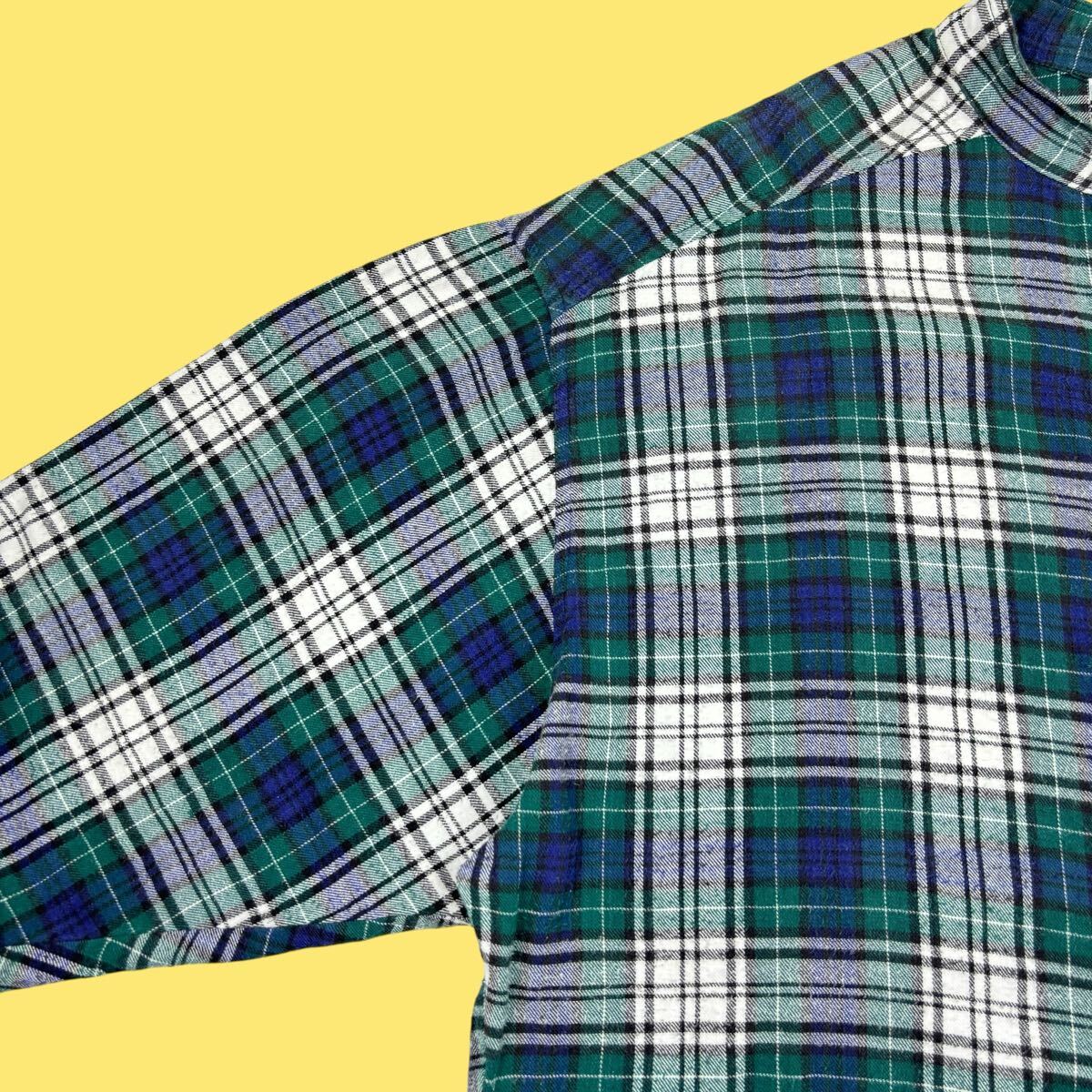90s Hot Bodz Clothing co. Oversize Band Collar Plaid Flannel Shirt with Metal Buttons 90年代 バンドカラー ネルシャツ メタルボタン_画像6