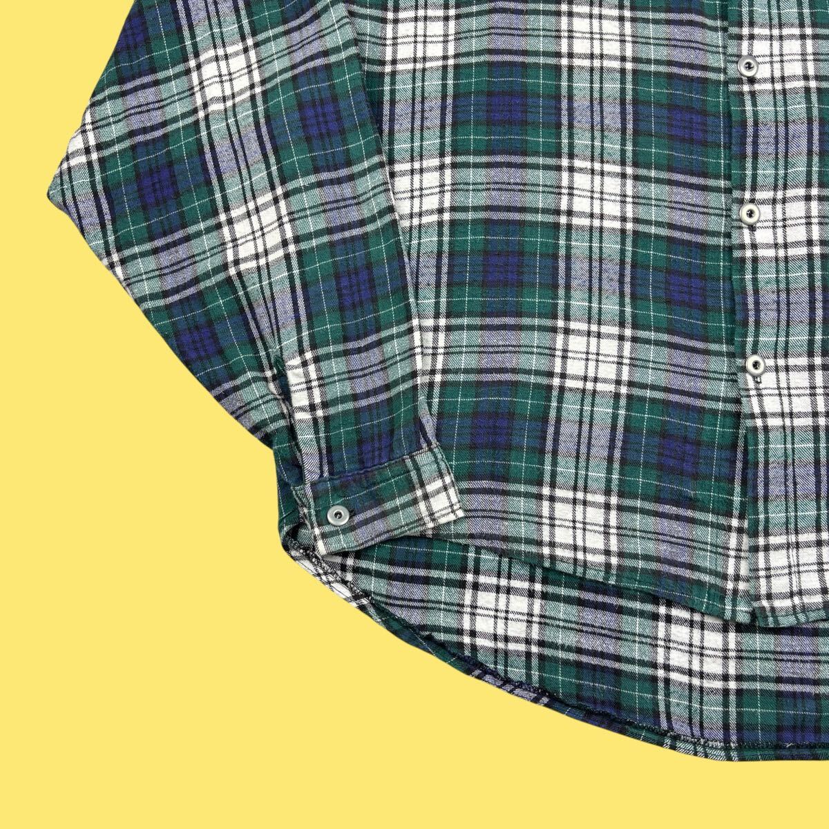 90s Hot Bodz Clothing co. Oversize Band Collar Plaid Flannel Shirt with Metal Buttons 90年代 バンドカラー ネルシャツ メタルボタン_画像7
