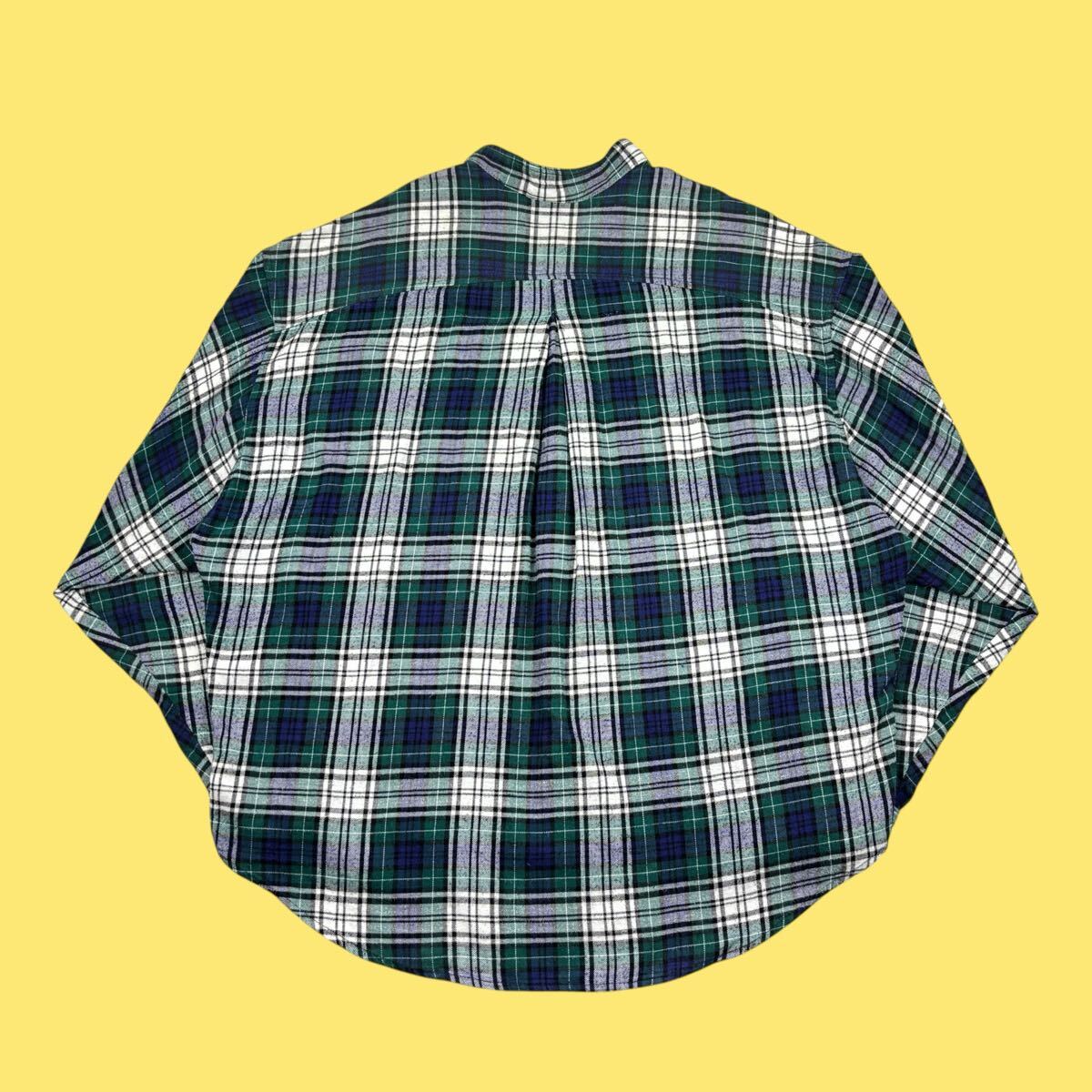 90s Hot Bodz Clothing co. Oversize Band Collar Plaid Flannel Shirt with Metal Buttons 90年代 バンドカラー ネルシャツ メタルボタン_画像9