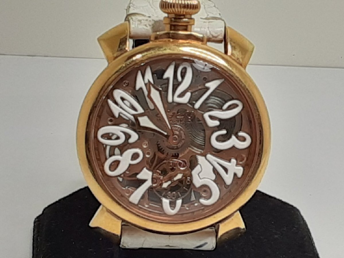 ガガミラノ GAGA MILANO マヌアーレ 48 MM 手巻き メンズ 腕時計 5311-01 スケルトン 白 SS GP レザー ブレス【中古】【送料無料】 ht5403_画像1