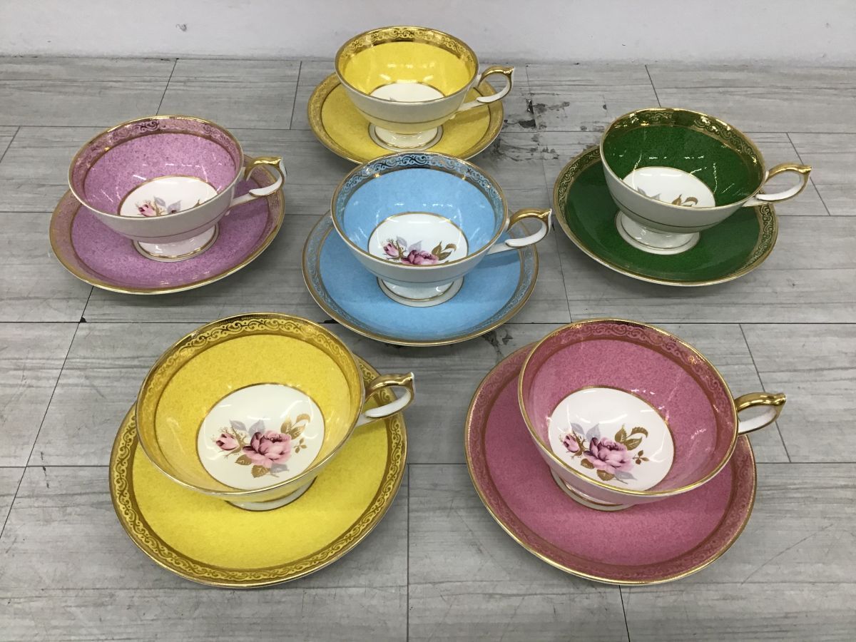 ●営KW054-100 AYNSLEY エインズレイ 金彩色絵 EST.1775 カップ＆ソーサー 6客セット 洋食器 /t