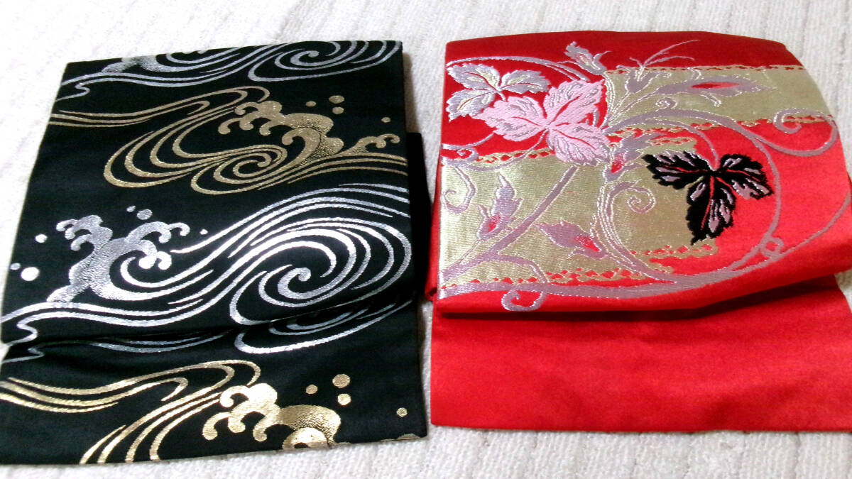 まとめて【重宝】Sサイズ※時間短縮※便利品※黒金彩色波模様※赤金彩華模様※化繊※なごや帯※作り帯※2点：＊_画像1