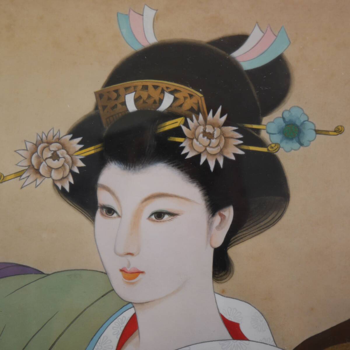 作者不明◆ 日本画 美人画 額装 サイン 絵画 着物 日本 JAPAN ART I_画像4