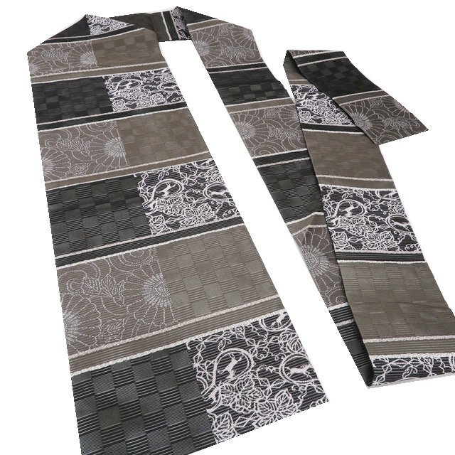 夏物 夏帯 名古屋帯 なごや帯 中古 リサイクル 正絹 カジュアル 花の図 菊 蔦 動物文様 黒色 錆利休色 多色 きもの北條 A1270-17_画像2