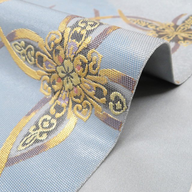 特選 袋帯 中古 リサイクル 正絹 フォーマル 仕立て上がり お太鼓柄 川島織物 本金 螺鈿箔 花紋 薄青系色 多色 金 きもの北條 A1277-15_画像5