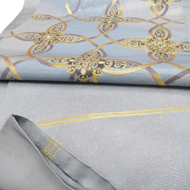 特選 袋帯 中古 リサイクル 正絹 フォーマル 仕立て上がり お太鼓柄 川島織物 本金 螺鈿箔 花紋 薄青系色 多色 金 きもの北條 A1277-15_画像9