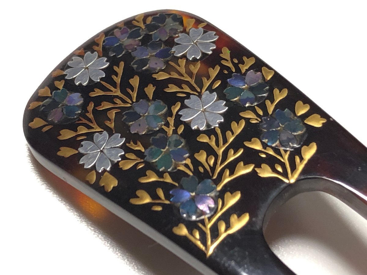アンティーク 本鼈甲 金蒔絵 螺鈿 9.3g 作家物 好山 桜文 簪 共箱付属_画像1