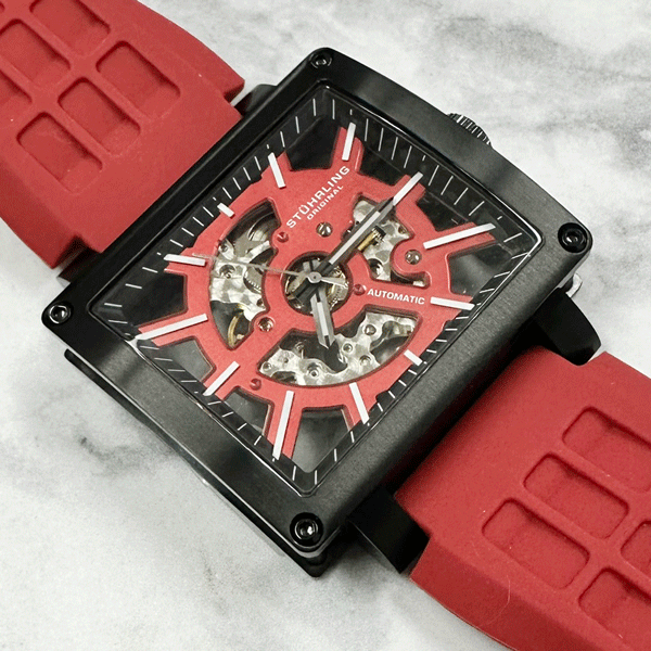 未使用・長期在庫処分品 STUHRLING/ストゥーリング 腕時計 78257RD 自動巻 スクエア スケルトン 稼働中