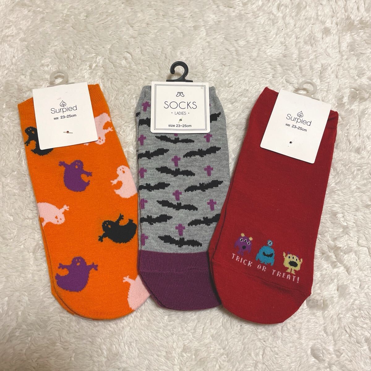 送料無料★新品タグ付き★ハロウィン★ソックス3点セット★23-25cm★レディース婦人くつ下靴下おばけこうもりモンスター24コスプレ仮装_画像1