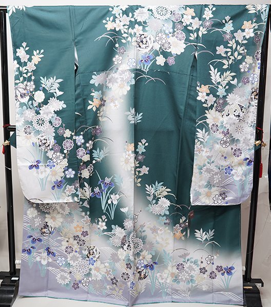 振袖 着物 単品 合繊 仕立て上がり HL アッシュエル 絵羽柄 深緑色 ダスティーカラー 成人式 結納 結婚式 新品(株)安田屋 NO42455_画像4