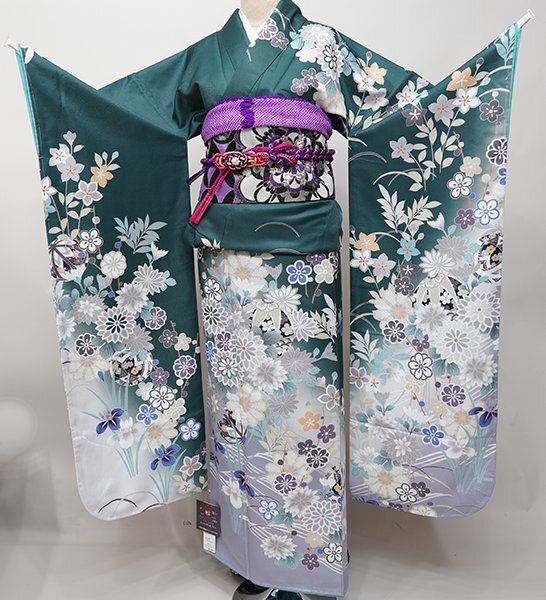 振袖 着物 単品 合繊 仕立て上がり HL アッシュエル 絵羽柄 深緑色 ダスティーカラー 成人式 結納 結婚式 新品(株)安田屋 NO42455_画像1