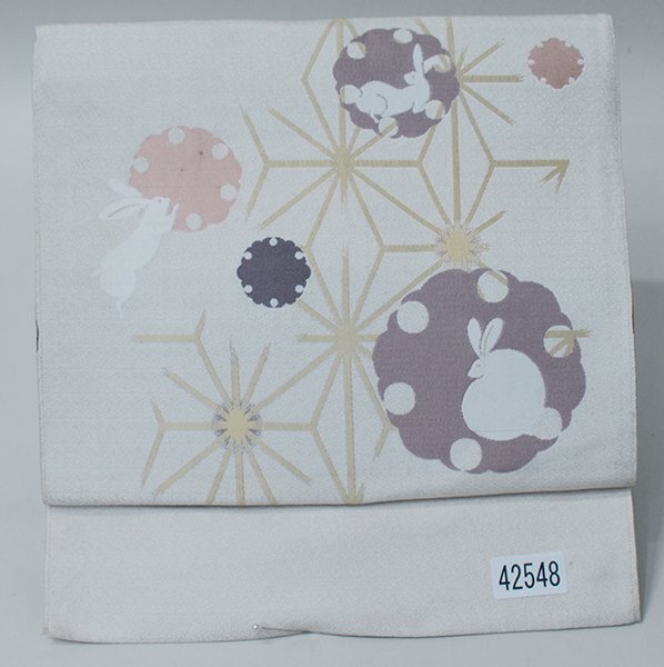 軽装帯 つけ帯 作り帯 名古屋帯 お太鼓 アイボリー 合繊 光沢あり うさぎ 訪問着 小紋 和装着物 簡単着付け 簡単装着 （株）安田屋 NO42548_画像1