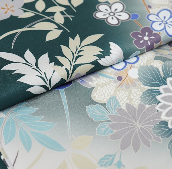 振袖 着物 単品 合繊 仕立て上がり HL アッシュエル 絵羽柄 深緑色 ダスティーカラー 成人式 結納 結婚式 新品(株)安田屋 NO42455_画像2