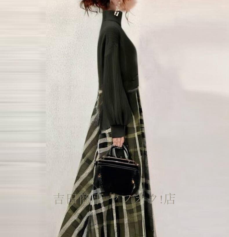 ☆新品 大人 着やせ ロングワンピース ニットセーター 切り替え チェック柄 ふんわり袖 長袖 ワンピースオフィス 入園式 マキシワンピース_画像5