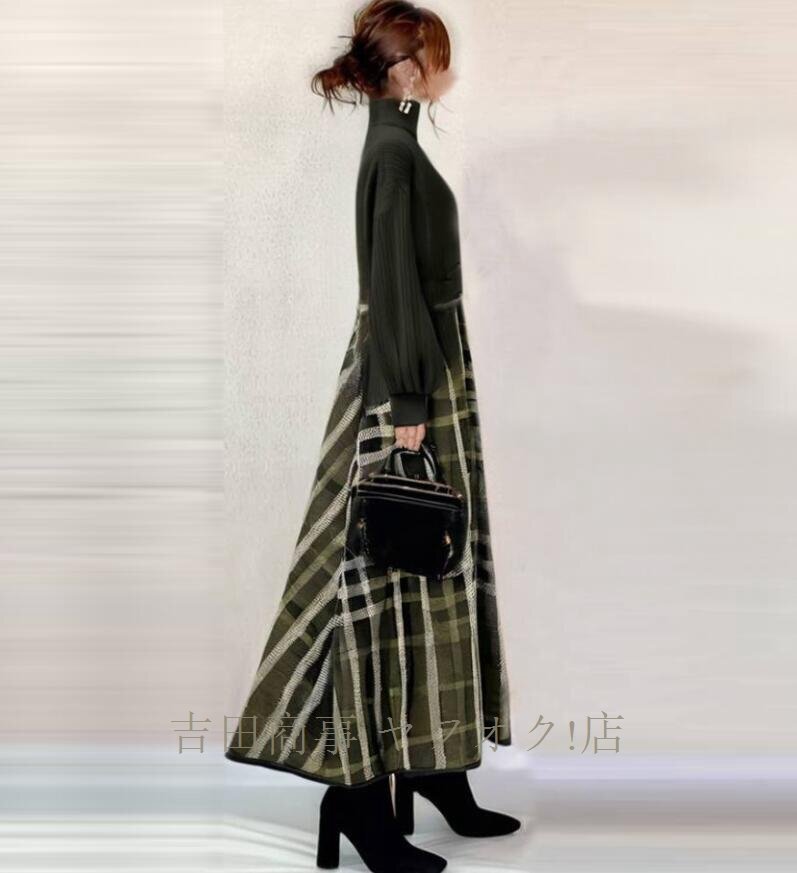☆新品 大人 着やせ ロングワンピース ニットセーター 切り替え チェック柄 ふんわり袖 長袖 ワンピースオフィス 入園式 マキシワンピース_画像3