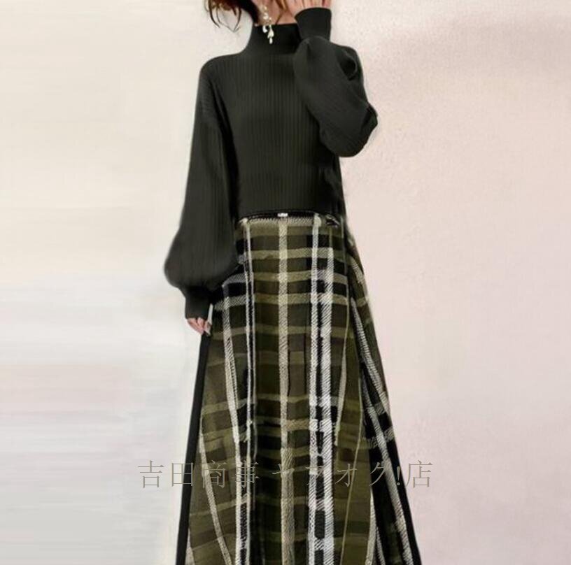 ☆新品 大人 着やせ ロングワンピース ニットセーター 切り替え チェック柄 ふんわり袖 長袖 ワンピースオフィス 入園式 マキシワンピース_画像4