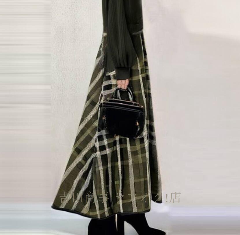 ☆新品 大人 着やせ ロングワンピース ニットセーター 切り替え チェック柄 ふんわり袖 長袖 ワンピースオフィス 入園式 マキシワンピース_画像2