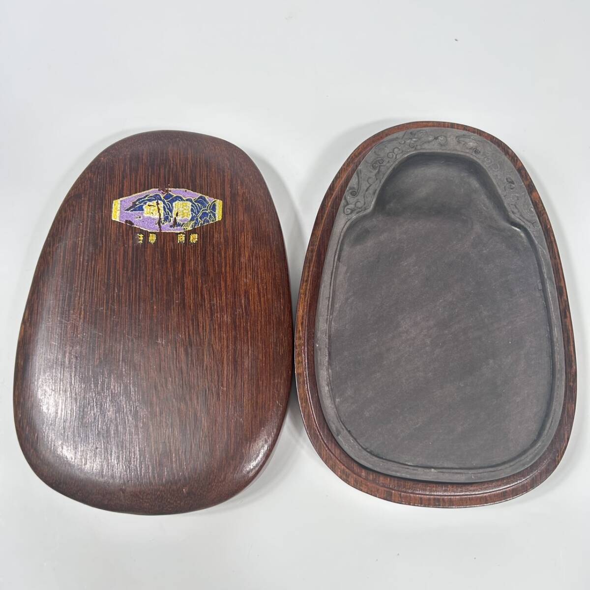 F12219 端渓硯 龍彫刻 唐木蓋 文房四宝 古硯 硯箱 すずり 書道具 文房具 中国 アンティーク_画像1