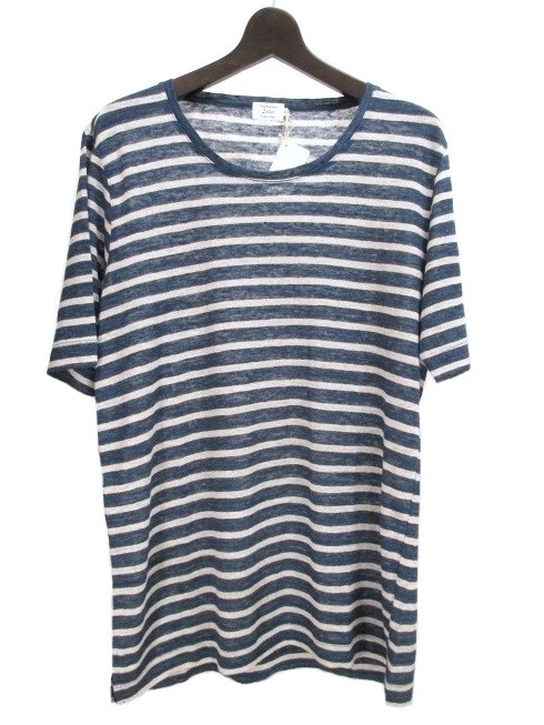 新品★Detour (gim) 半袖 日本製 リネンボーダーニット 48サイズ★ネイビー/ベージュ デトワー ジム メンズ_画像3