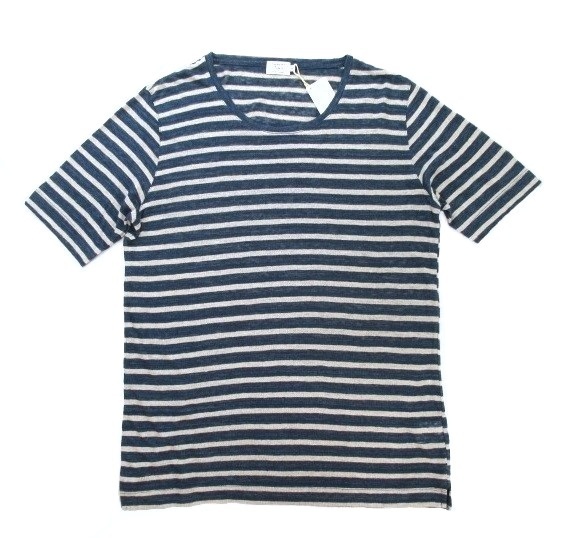 新品★Detour (gim) 半袖 日本製 リネンボーダーニット 48サイズ★ネイビー/ベージュ デトワー ジム メンズ_画像5