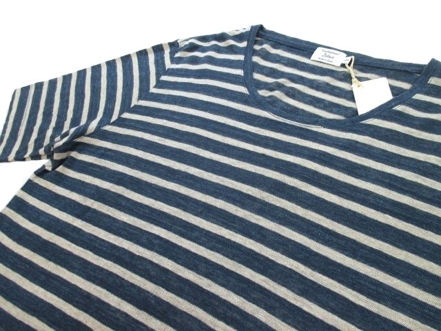 新品★Detour (gim) 半袖 日本製 リネンボーダーニット 48サイズ★ネイビー/ベージュ デトワー ジム メンズ_画像1