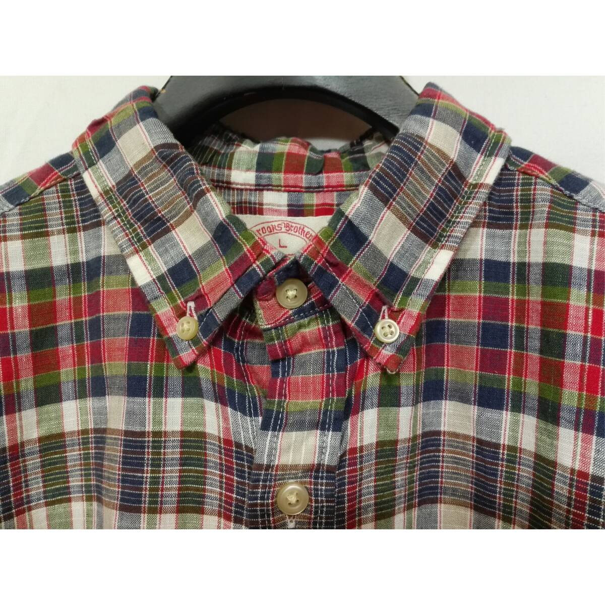 Brooks Brothers Brooks Brothers кнопка down хлопок linen рубашка с коротким рукавом L проверка { прекрасный товар }