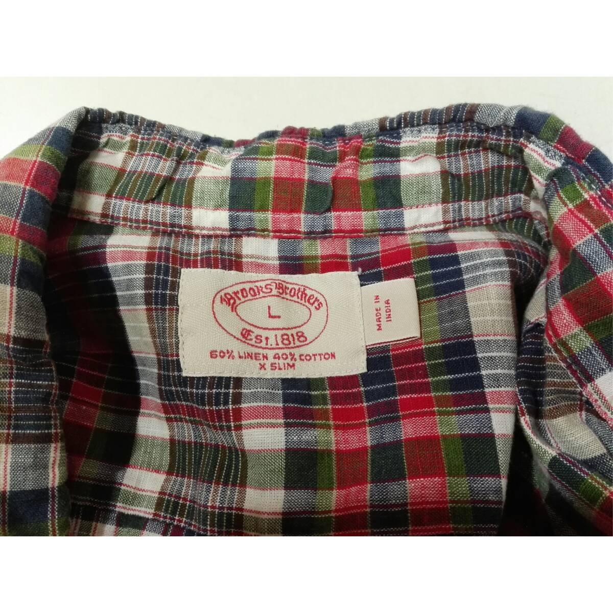 Brooks Brothers Brooks Brothers кнопка down хлопок linen рубашка с коротким рукавом L проверка { прекрасный товар }