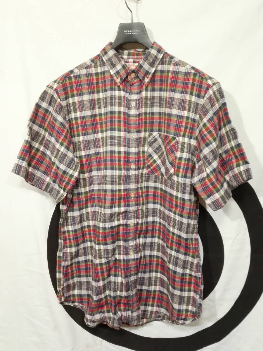 Brooks Brothers Brooks Brothers кнопка down хлопок linen рубашка с коротким рукавом L проверка { прекрасный товар }