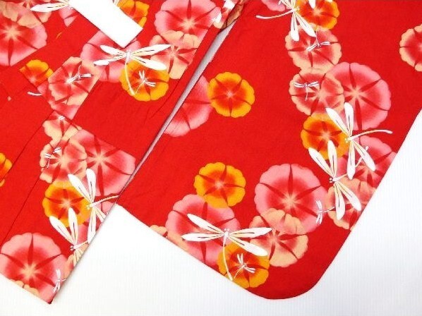 女の子 女児 子供浴衣 赤にトンボ朝顔 綿紅梅 120ｃｍ 新品 83