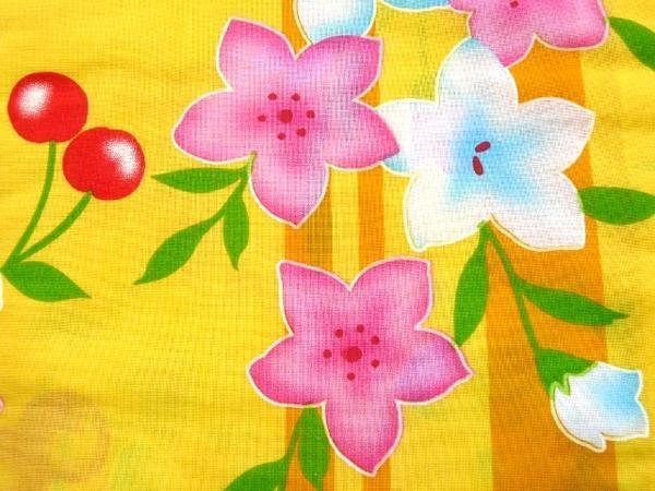 女の子 女児 子供浴衣 黃色 花 さくらんぼ 150cm 訳有り 193