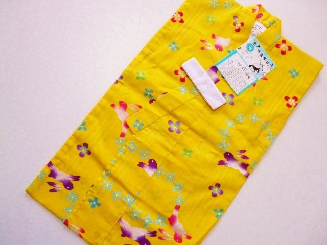 女児 子供浴衣 黃色地に花とうさぎ 90cm 新品 7