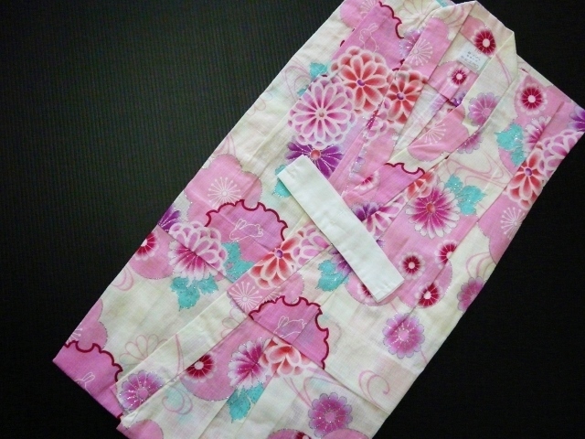 女の子 浴衣 子供浴衣 ゆかた 白地 花柄 ラメ付 110cm 新品 082