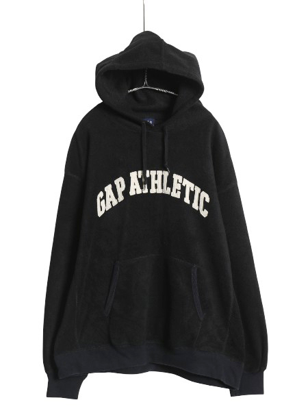 00s オールド ギャップ フリース フード パーカー メンズ XL プルオーバー ジャケット フェルト ロゴ パッチ ポケット付き 大きいサイズ 黒_画像1