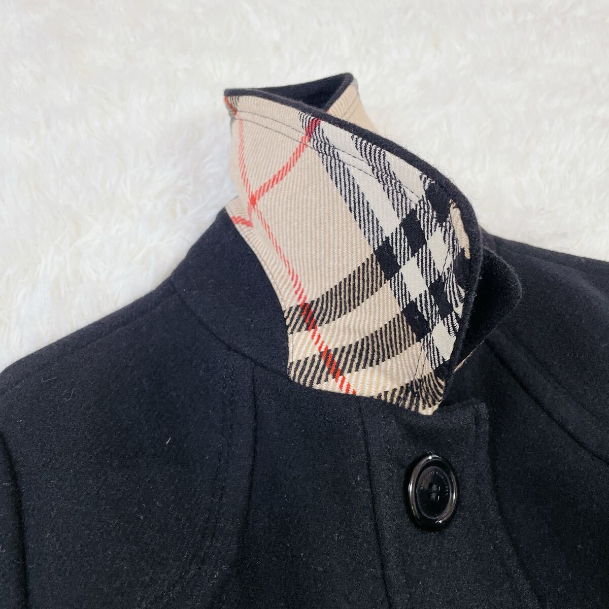 美品　バーバリーブルーレーベル　ノバチェック柄　アンゴラ混　ステンカラーコート　　4161_画像4