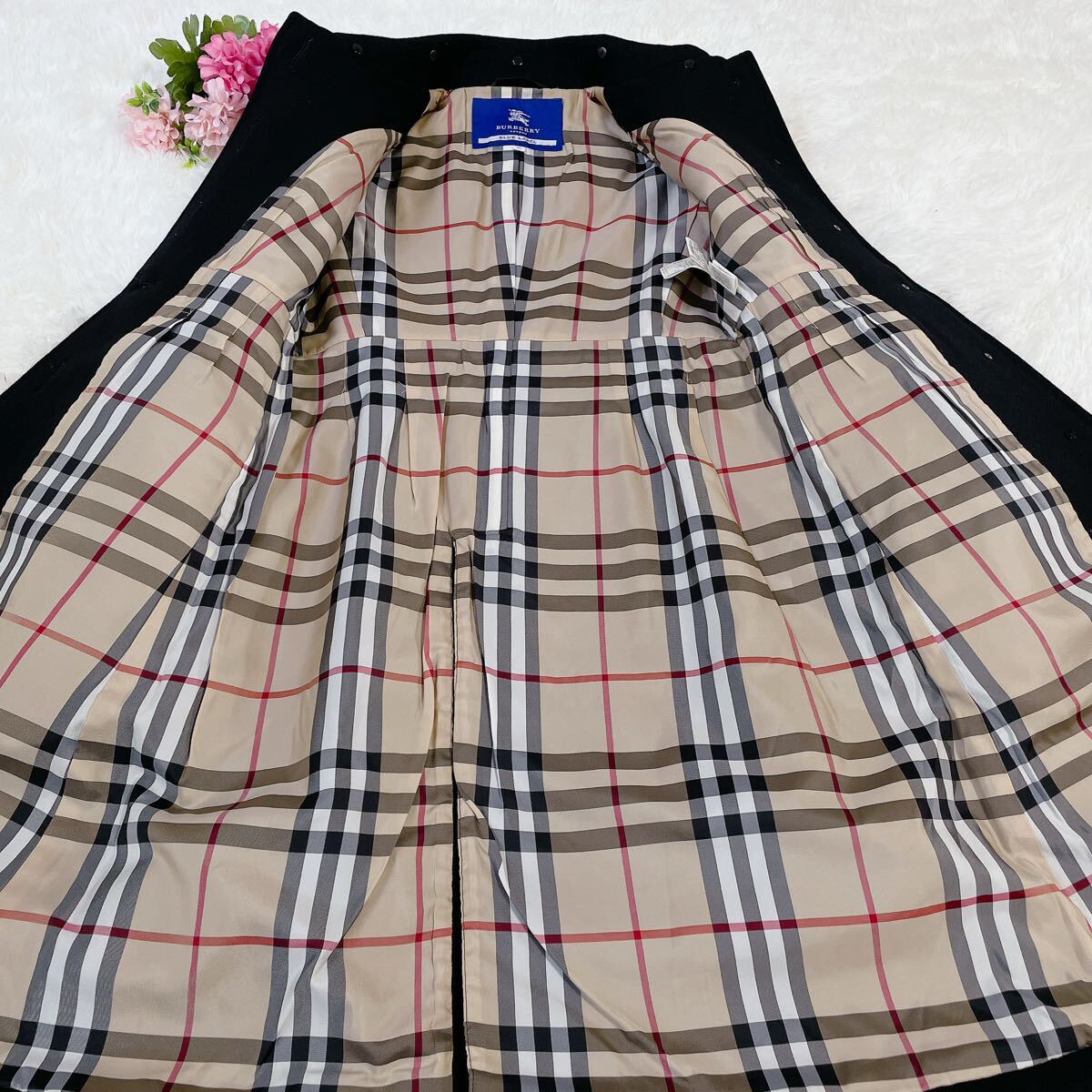 美品　バーバリーブルーレーベル　ノバチェック柄　アンゴラ混　ステンカラーコート　　4161_画像7