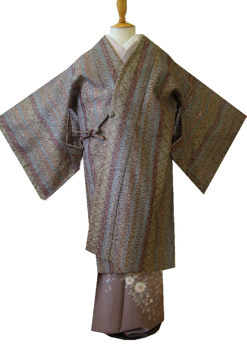 時代屋 美品 裄69cm お洒落 つづら織 ロング寸 道中着 正絹 未使用 162cm～168cm Cｓ1282_画像1