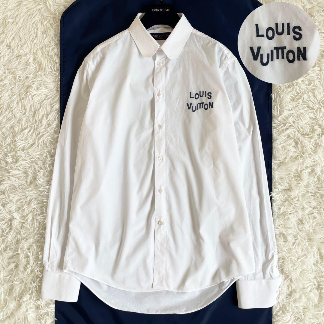 美品 LOUIS VUITTON ルイヴィトン シャツ Yシャツ ロゴプリント LVボタン ホワイト L相當(dāng) 長(zhǎng)袖 白 襟付き 