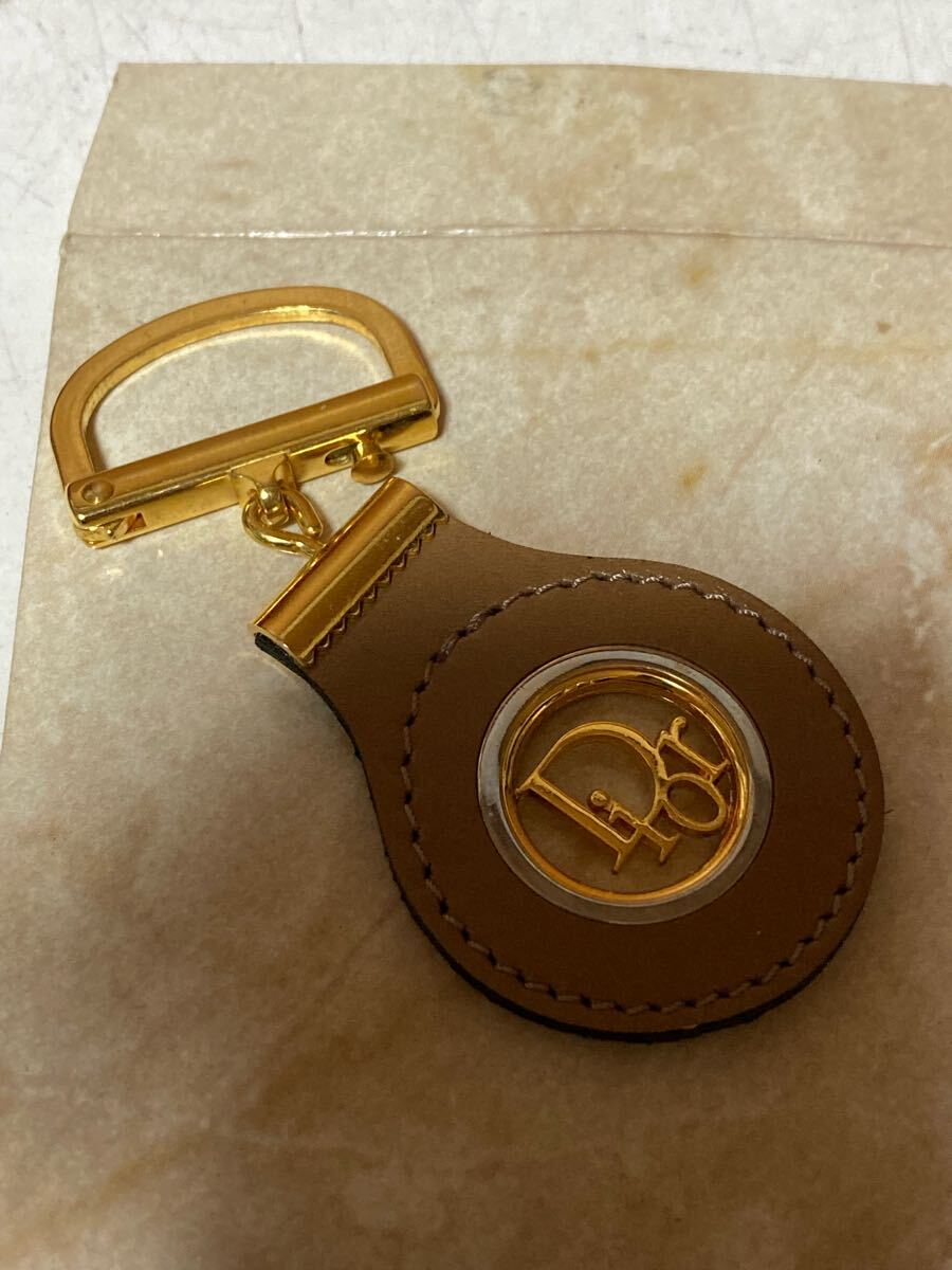 ヴィンテージ Dior クリスチャン ディオール ブランドロゴ ゴールドカラーボディ レザー 革 キーホルダー キーリング チャーム 小物