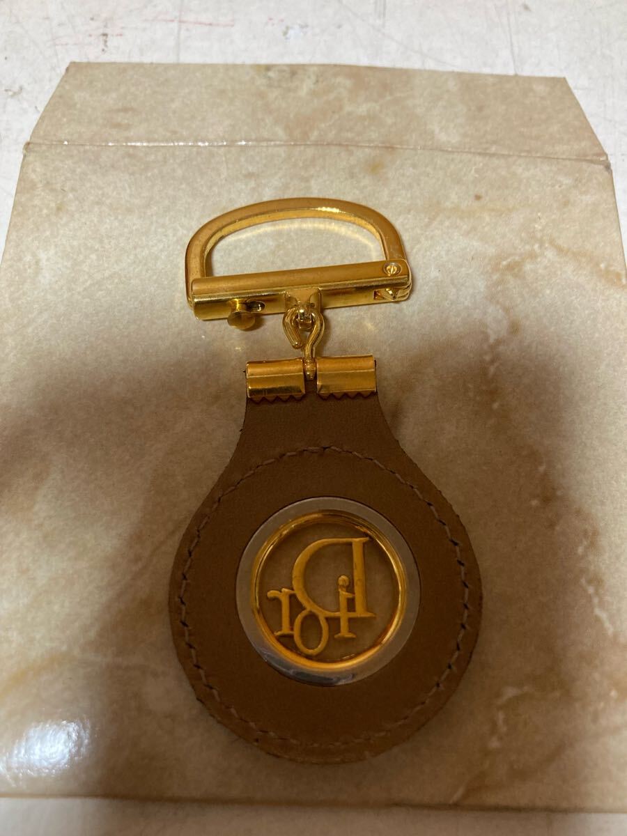 ヴィンテージ Dior クリスチャン ディオール ブランドロゴ ゴールドカラーボディ レザー 革 キーホルダー キーリング チャーム 小物