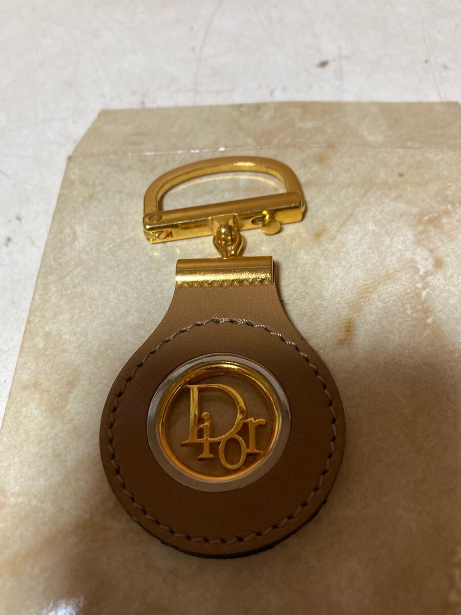 ヴィンテージ Dior クリスチャン ディオール ブランドロゴ ゴールドカラーボディ レザー 革 キーホルダー キーリング チャーム 小物
