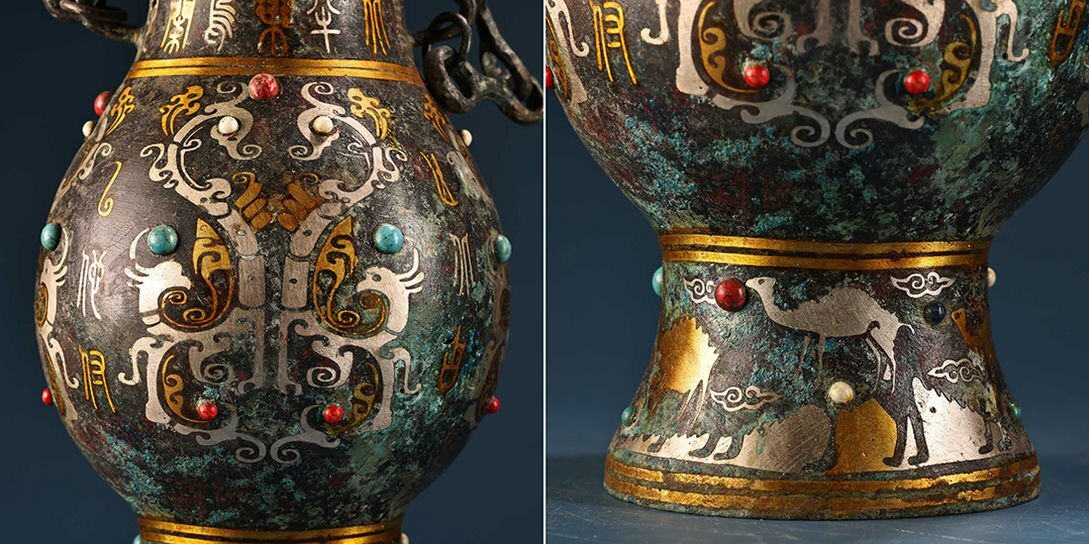 ◆羽彰・古美術◆Y2536戦漢時代 青銅器 青銅錯金銀象嵌宝石提梁鏈子花瓶 細密細工★古置物★古賞物★古擺件★蒐集家放出★唐物_画像7