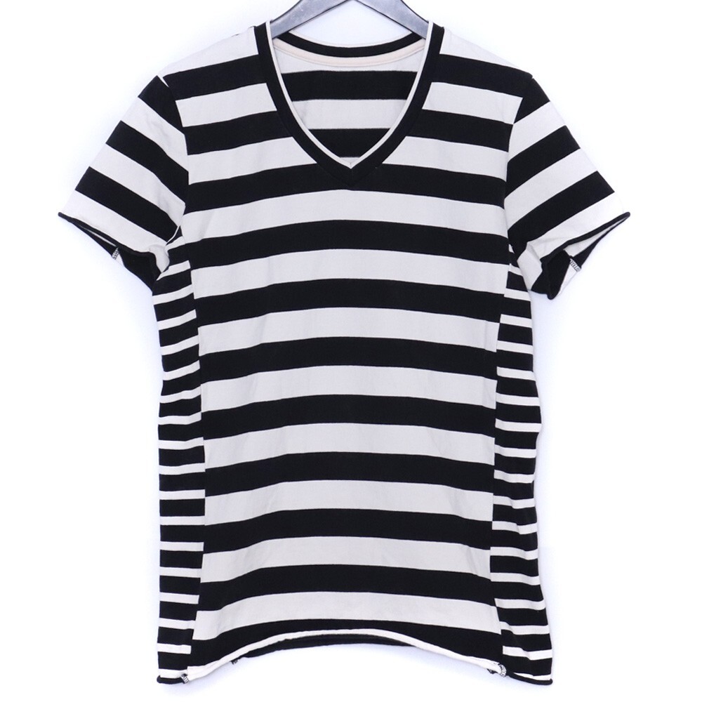 1PIU1UGUALE3 3D V-NECK 5 ブラック MRT087-COT142 ウノピゥウノウグァーレトレ 切り替えボーダーカットオフTシャツ 半袖カットソー_画像1