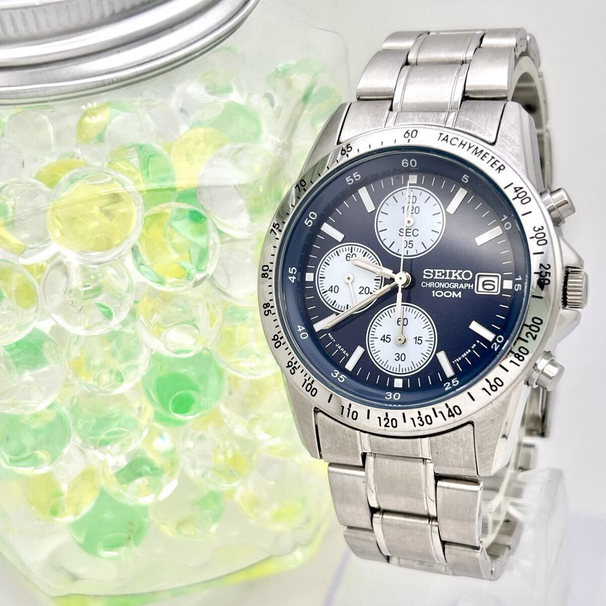 【外観美品/新品電池】 SEIKO セイコー メンズ 腕時計 クロノグラフ ネイビー シルバー 100M デイト 7T92-0DW0 640679 純正ベルト