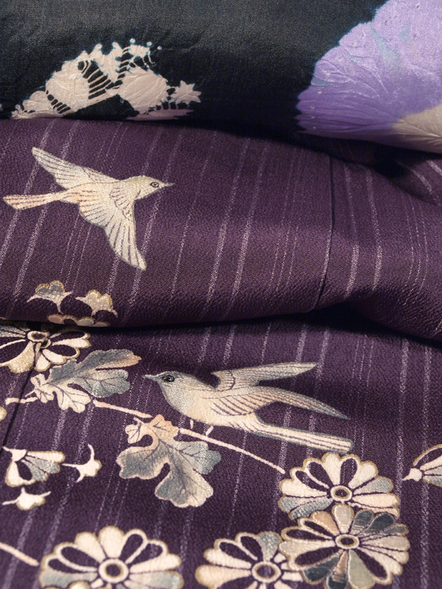★【アンティーク】縞に花鳥文 縮緬 お散歩着 訪問着 長着&襲 三つ紋(中陰裏桔梗)アンサンブル 丈147 TAOH01002風楽_画像7