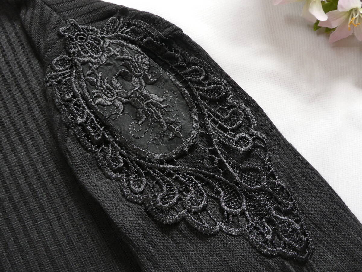 M～Ｌ/ＬＬ【新品】お灑落★肩に豪華なレース?リブニットソーで伸縮OK★プルオーバー☆重ね著に?インナーにも?黒◆fit1027◆