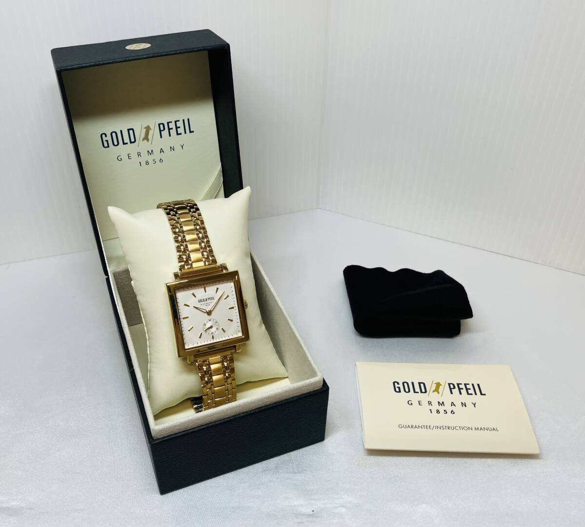 □ 未使用品 GOLD PFEIL GERMANY 1856 G41009 ゴールドファイル QZ クオーツ スクエア シルバーゴールド文字盤 スモールセコンド 箱付き
