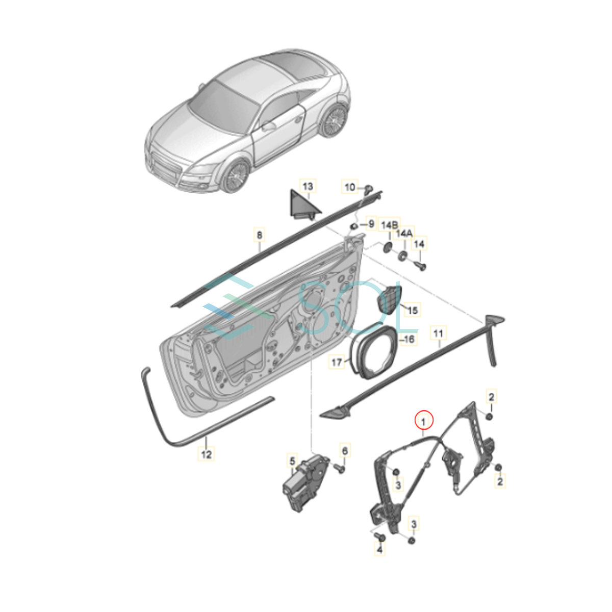 アウディ TT 8J フロント パワーウインドウレギュレーター 右側 8J0837462C 8J0837462D 8J0837462E 18時まで即日出荷_画像4