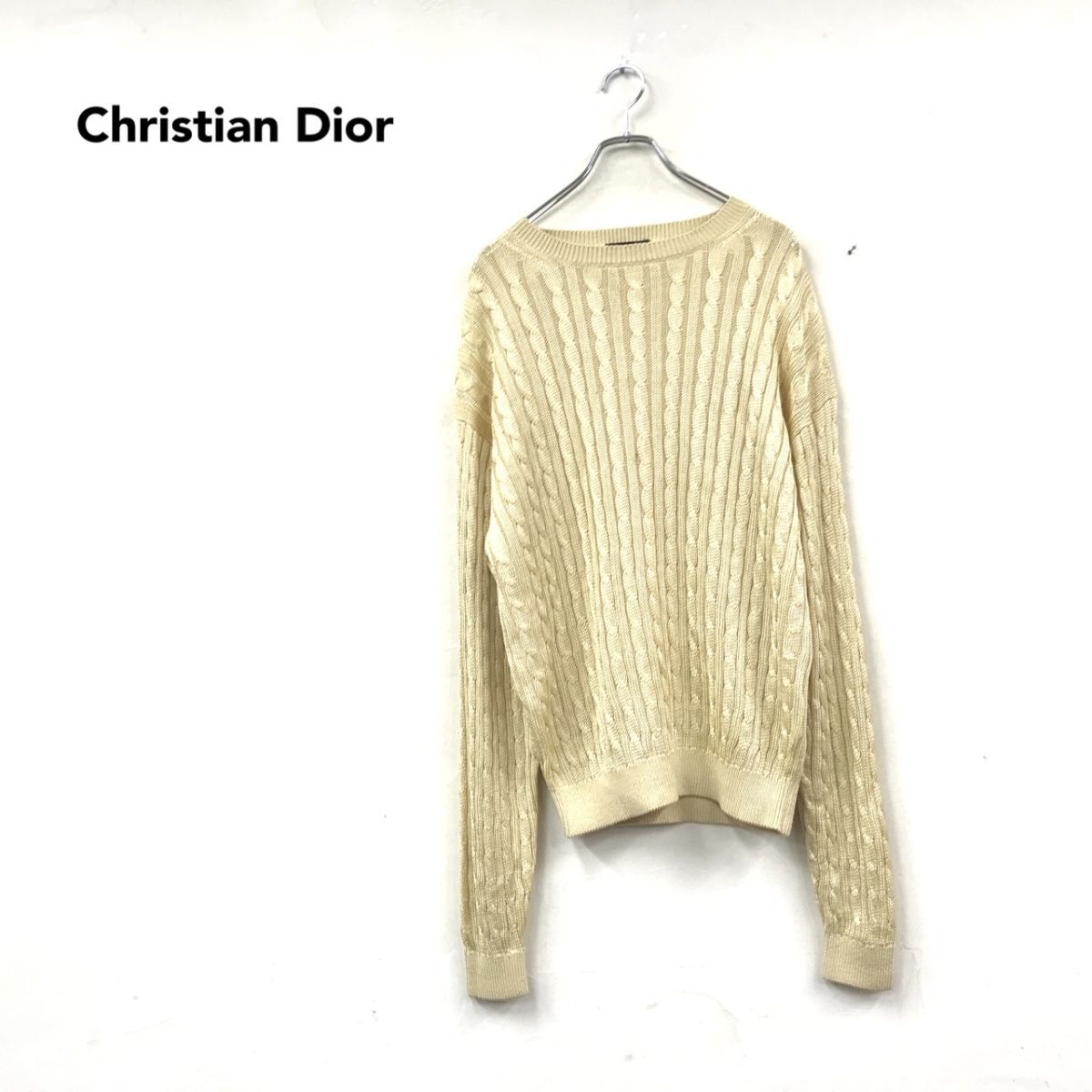 2K2684-N◆old◆ Christian Dior クリスチャンディオール シルクニット セーター ローゲージ ケーブル編み ◆ sizeL イエロー系 絹 メンズ