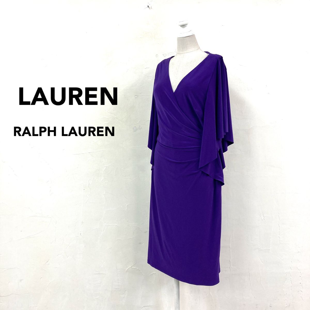 2K3193-G◆ RALPH LAUREN ラルフローレン スリットフレアスリーブタイトワンピース ドレス カシュクール 膝下 ◆ size8 紫 ポリエステル_画像1