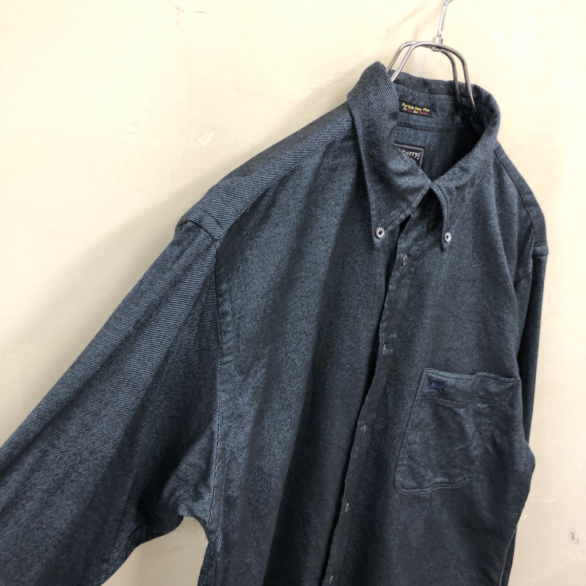 2K2717-G◆ Burberrys バーバリー ボタンダウンシャツ 起毛生地 ポケット ワンポイントロゴ 長袖 ラウンドヘム ◆ sizeL ネイビー 綿_画像6